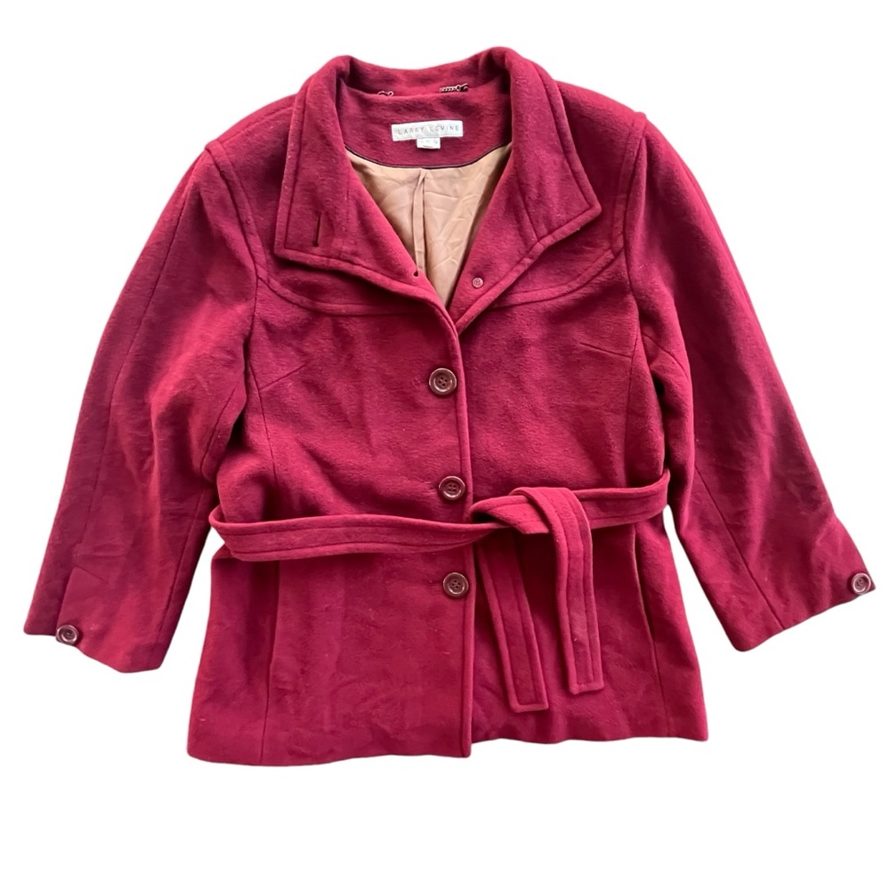 Larry Levine Womens Size XL Deep Red Button Front Wool Blend Belted Tie Pea Coat
